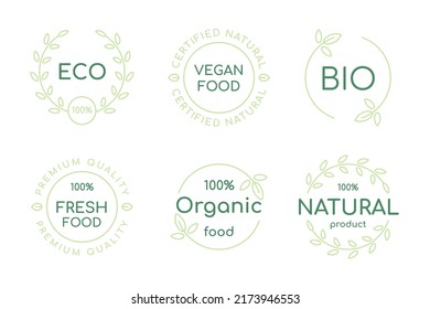 Set of organic, fresh, vegan and natural products label. Ecology line icon, badge and logo collection.