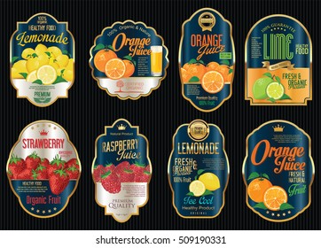 Set of organic fruit retro vintage golden labels collection