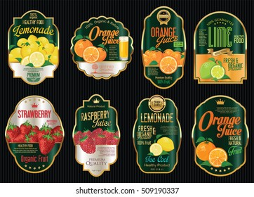 Set of organic fruit retro vintage golden labels collection