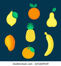 Set of organic fruits and berries isolated on white background. Healthy lifestyle. Vector illustration in flat style.