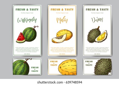 Set of organic fruits cards. Hand drawn sketch elements. Banner collection template. Farm company. Vector illustration for poster