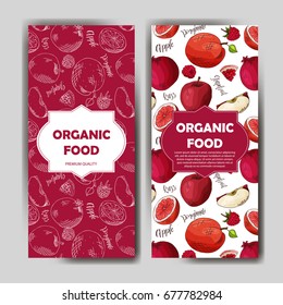 Set of organic fruits cards. Hand drawn sketch elements. Banner collection template. Farm company. Vector illustration for poster.