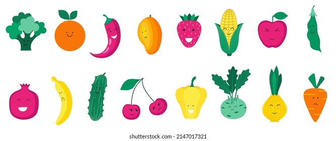 Set of organic fruits, vegetables and berries isolated on white background. Healthy lifestyle. Vector illustration in flat style.