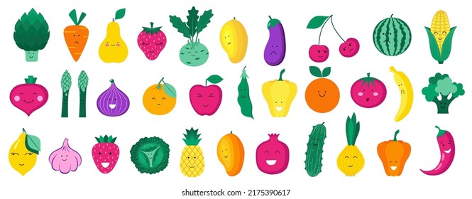Set of organic fruits, vegetables and berries isolated on white background. Healthy lifestyle. Vector illustration in flat style.