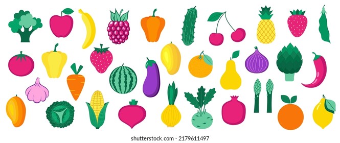 Set of organic fruits, vegetables and berries isolated on white background. Healthy lifestyle. Vector illustration in flat style.