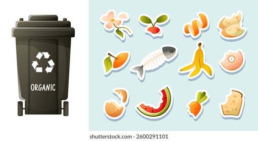 Set of organic garbage and trash can for waste sorting. Food waste stickers, waste sorting game for kids. Zero waste theme and modern environmental problem.