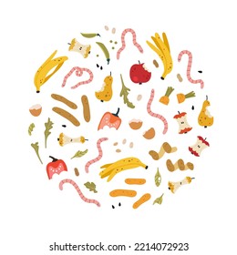 Conjunto de basura orgánica y gusanos. Desperdicios de frutas, verduras, granos y nueces. Reciclaje ecológico, consumo responsable. Residuos orgánicos para compostaje doméstico.