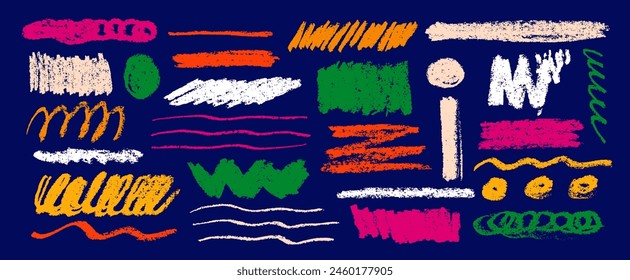 Set organic grunge bold shapes, curved lines and dots. Geometric vector set in Memphis style. Grunge swirled brush stroke, curly and straight lines. Hand drawn geometric pattern. 