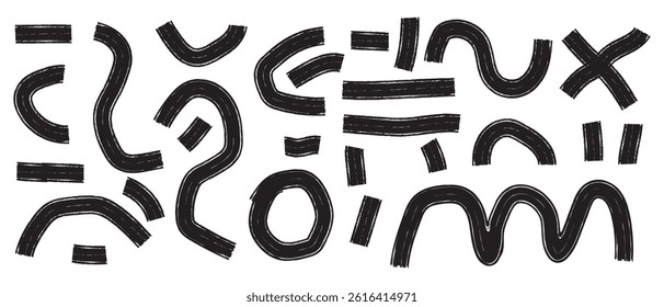 Set organic grunge bold shapes, curved lines and dots. Geometric vector set in Memphis style. Grunge swirled brush stroke, curly and straight lines. Hand drawn geometric pattern, Eps 10