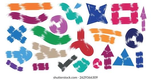 Set organic grunge bold shapes, curved lines and dots.  Vector illustration with colorful geometric elements.
Naive playful abstract shapes in doodle grunge style in multi colored.