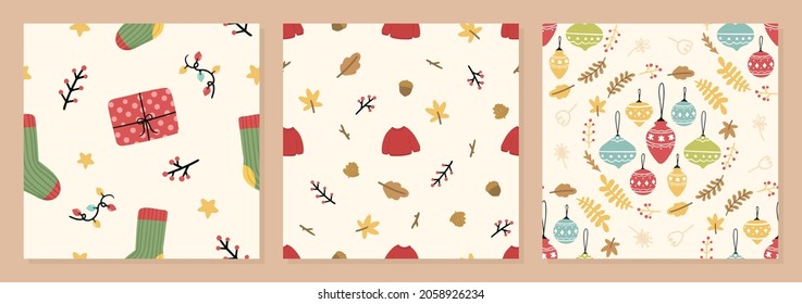 Set of Organic hand drawn christmas seamless pattern vector illustration