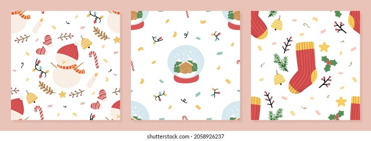 Set of Organic hand drawn christmas seamless pattern vector illustration