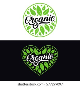 Set of Organic hand written lettering logo, label, badge with fresh bright green. Isolated on background. Vector illustration.