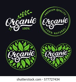Set of Organic hand written lettering logo, label, badge, emblem with fresh bright green. Isolated on background. Vector illustration.