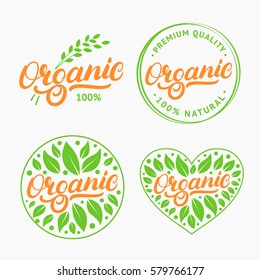 Set of Organic hand written lettering logo, label, badge, emblem with fresh bright green. Isolated on white background. Vector illustration.