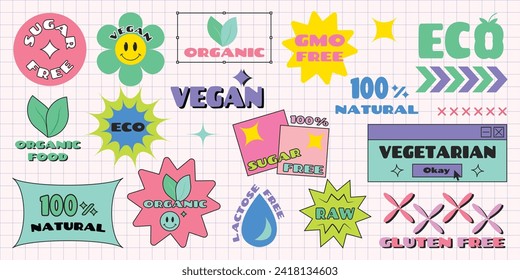 Set of Organic, Healthy, Sugar free, Vegan food retro stickers in trendy Y2K style. Lactose, GMO and Gluten Free vegetarian icons collection