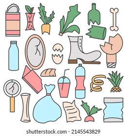 Set organic and household garbage vector illustration. Plastic, glass and leftover food. Hand drawn bundle recycling, trash sorting and environmental pollution