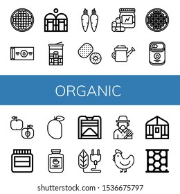 Set of organic icons. Such as Beans, Butter, Greenhouse, Mint, Carrot, Kiwi, Vitamins, Watering can, Coffee beans, Condensed milk, Apple, Hormones, Mango, Mayonnaise , organic icons