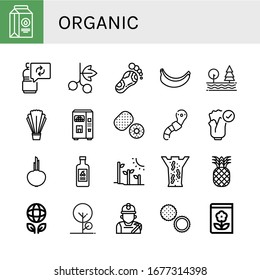 Set of organic icons. Such as Milk, Reuse, Blackcurrant, Reflexology, Banana, Tree, Salad, Juice, Kiwi, Worm, Natural, Onion, Yogurt, Plant tree, Leech therapy , organic icons