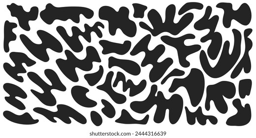 Set of organic irregular blob shapes. Black random deform spot fluid circle Isolated on white background. Organic amoeba Doodle drops Retro vector elements. Abstract rounded forms Vector illustration.