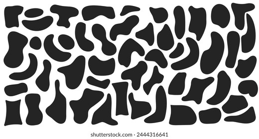 Set of organic irregular blob shapes. Black random deform spot fluid circle Isolated on white background. Organic amoeba Doodle drops Retro vector elements. Abstract rounded forms Vector illustration.