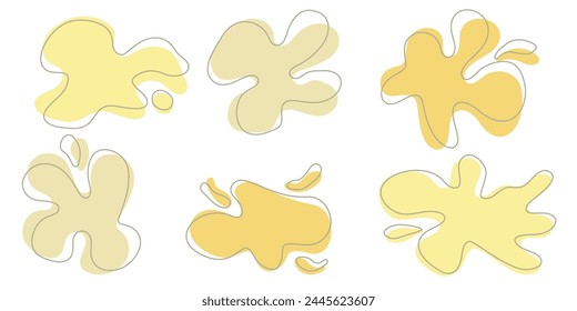 Set of organic irregular blob shapes with stroke line. Yellow random deform spot fluid circle Isolated on white background Organic amoeba Doodle elements. Abstract rounded forms Vector illustration