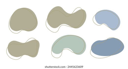 Set of organic irregular blob shapes with stroke line. Blue gray random deform spot fluid circle Isolated on white background Organic amoeba Doodle elements Abstract rounded forms Vector illustration