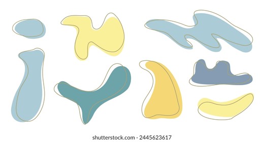 Set of organic irregular blob shapes with stroke line. Green gray random deform spot fluid circle Isolated on white background Organic amoeba Doodle element Abstract rounded forms Vector illustration