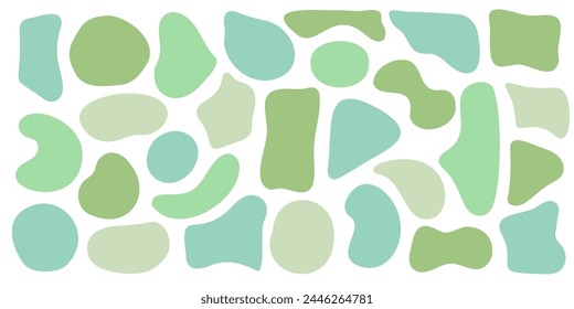 Set of organic irregular blob shapes. Green random deform spot fluid circle Isolated on white background. Organic amoeba Doodle drops Retro vector elements. Abstract rounded forms Vector illustration.