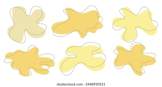Set of organic irregular blob shapes with stroke line. Yellow random deform spot fluid circle Isolated on white background Organic amoeba Doodle elements. Abstract rounded forms Vector illustration