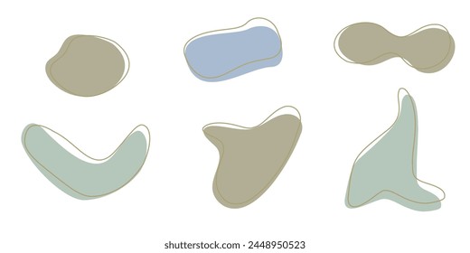 Set of organic irregular blob shapes with stroke line. Blue gray random deform spot fluid circle Isolated on white background Organic amoeba Doodle elements Abstract rounded forms Vector illustration