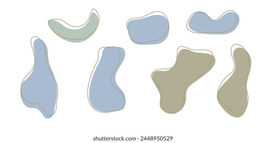 Set of organic irregular blob shapes with stroke line. Blue gray random deform spot fluid circle Isolated on white background Organic amoeba Doodle elements Abstract rounded forms Vector illustration