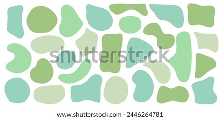 Set of organic irregular blob shapes. Green random deform spot fluid circle Isolated on white background. Organic amoeba Doodle drops Retro vector elements. Abstract rounded forms Vector illustration.