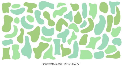 Conjunto de formas de bolhas verdes irregulares orgânicas. Círculo de fluido de ponto de deformação aleatória Isolado sobre fundo branco. Ameba orgânica Doodle gotas elementos vetoriais retro. Abstrato formas arredondadas Ilustração vetorial.