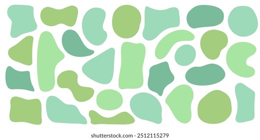 Set of organic irregular green blob shapes. Random deform spot fluid circle Isolated on white background. Organic amoeba Doodle drops Retro vector elements. Abstract rounded forms Vector illustration.