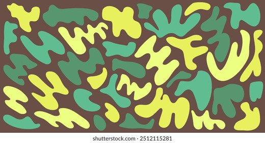 Conjunto de formas de bolhas verdes irregulares orgânicas. Círculo de fluido de ponto de deformação aleatório isolado no plano de fundo quebrado. Ameba orgânica Doodle gotas elementos vetoriais retro. Abstrato formas arredondadas Ilustração vetorial.