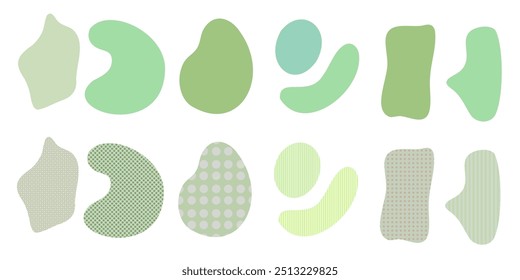 Set organic irregular green blob shapes with polka dot, line textures Random deform spot fluid circle Isolated white background Organic amoeba doodle drop Retro vector elements. Vector illustration
