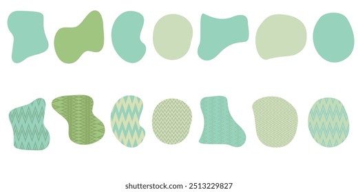 Set of organic irregular green blob shapes with chevron textures Random deform spot fluid circle Isolated on white background. Organic amoeba doodle drops Retro vector elements. Vector illustration