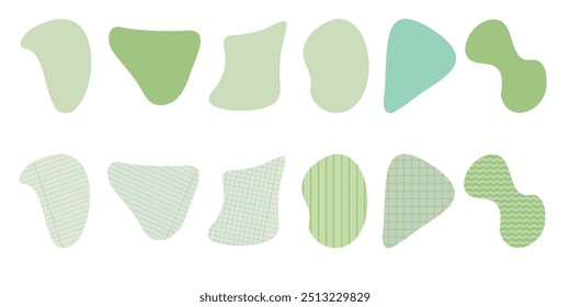 Set of organic irregular green blob shapes with cell, line textures Random deform spot fluid circle Isolated on white background. Organic amoeba doodle drop Retro vector elements. Vector illustration.