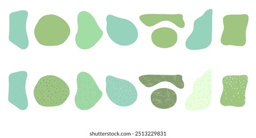 Set of organic irregular green blob shapes with decorative textures Random deform spot fluid circle Isolated on white background. Organic amoeba doodle drops Retro vector elements. Vector illustration