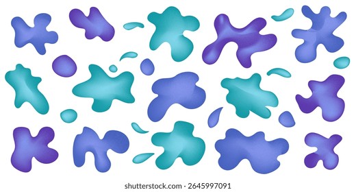 Conjunto de formas de blob de gradiente azul de malha irregular orgânica com ruído. Círculo de fluido de ponto de água de deformação aleatória Isolado no fundo branco. Ameba orgânica elementos infantis brilhantes. Ilustração vetorial