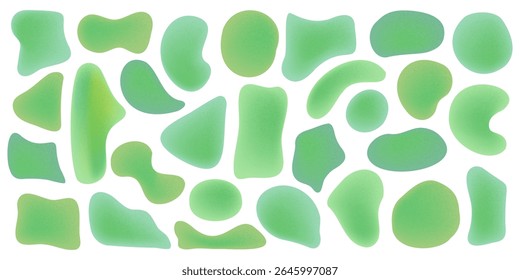 Conjunto de Formas orgánicas de gradiente verde de malla irregular con ruido. Círculo de líquido de punto de deformación aleatoria aislado sobre fondo blanco. Elementos infantiles brillantes de ameba orgánica. Ilustración vectorial