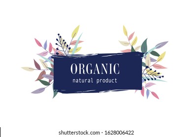 set of Organic label and natural label hand drawn brush. Tag and Sticker Farm fresh logo vegan food mark.