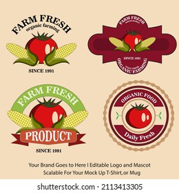 Set of Organic labels. Four isolated colorful emblems set with carrot tomato beetroot and warehouse symbols and editable captions vector illustration