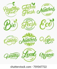 Set of organic, local, fresh, natural, vegan, healthy handwritten lettering logos, labels, emblems. Collection for food market, organic product, healthy life, farmers market. Vector illustration