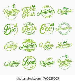 Set of organic, local, fresh, natural, vegan, healthy handwritten lettering logos, labels, emblems. Collection for food market, organic product, healthy life, farmers market. Vector illustration