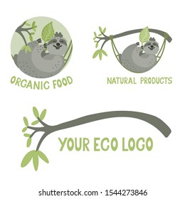 Set of organic logo templates. A cute happy sloth with a green leaf. Vector Illustration on white background. Eco products concept.