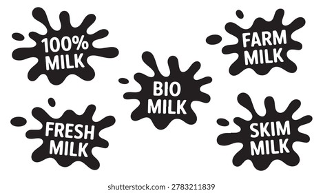 Set of organic milk liquid splatters featuring text labels including fresh farm bio and skim milk for food industry.