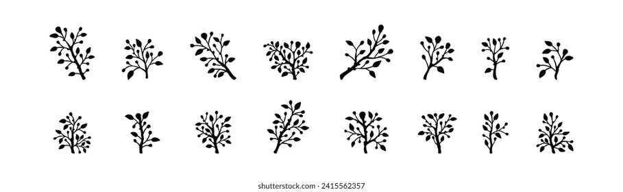 Set of organic minimalist silhouette summer and spring branches with leaves. Simple flower logo design element. Elegant floral twig decoration. Botanical simple vector illustration. Plant icon set