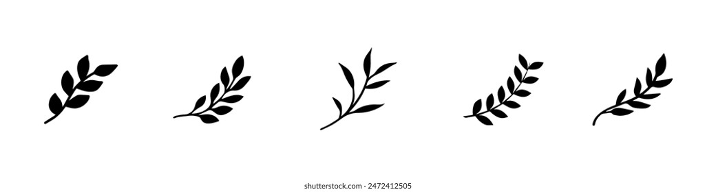 Set of organic minimalist silhouette summer and spring branches with leaves. Simple flower logo design element. Elegant floral twig decoration. Botanical simple. Plant icon set. Vector Graphic. EPS 10